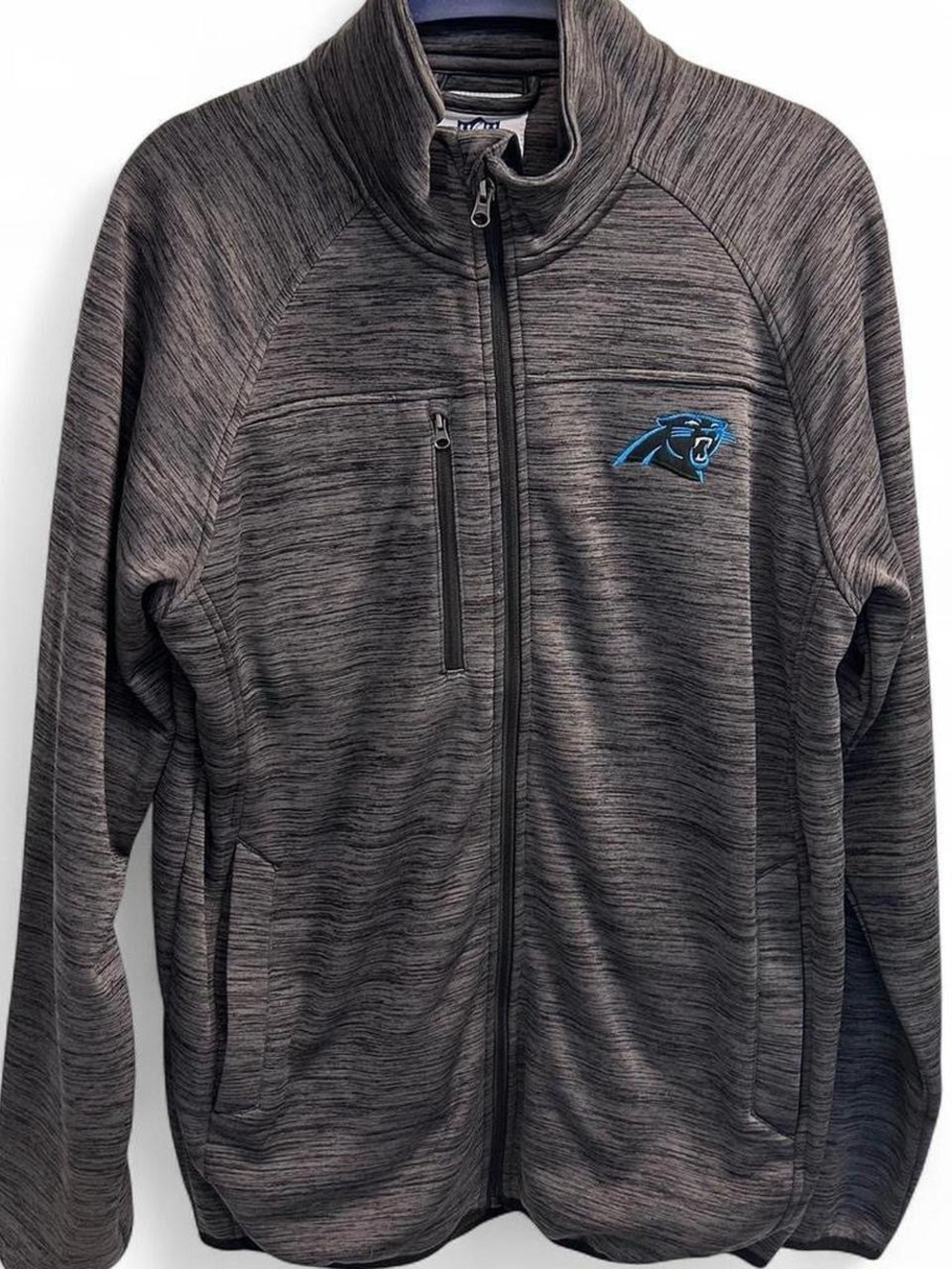 Grey Carolina Panthers athletic zip-up jacket with logo